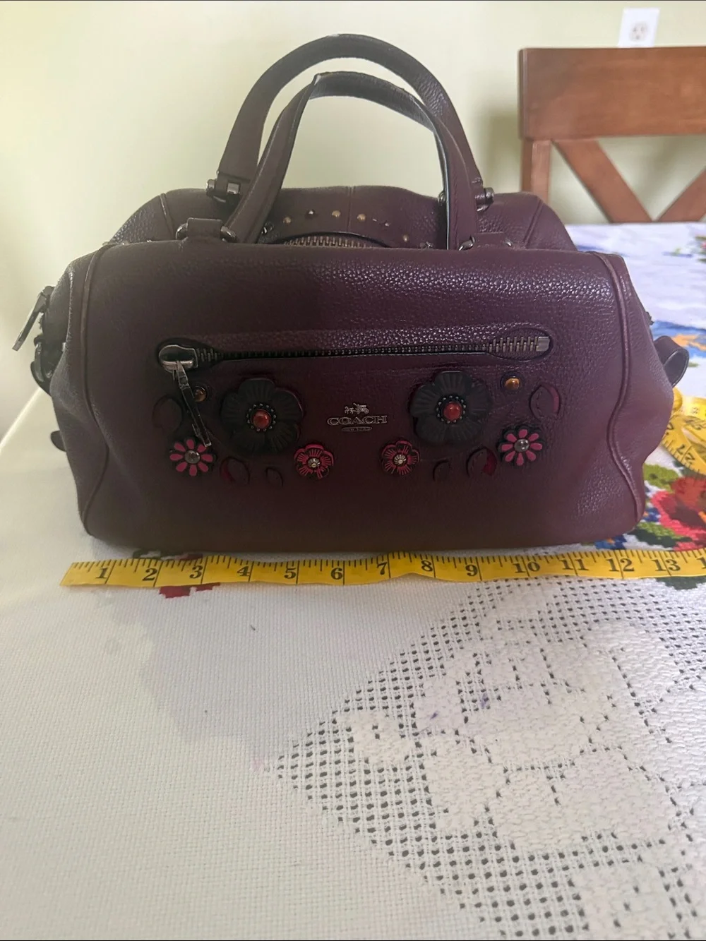 Coach Plum Floral Appliqué Leather Satchel